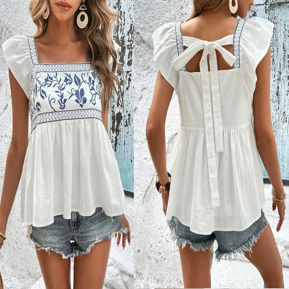 Women's White Cotton Embroidery Tie Square Neck Shirt Top Blouse M Lined